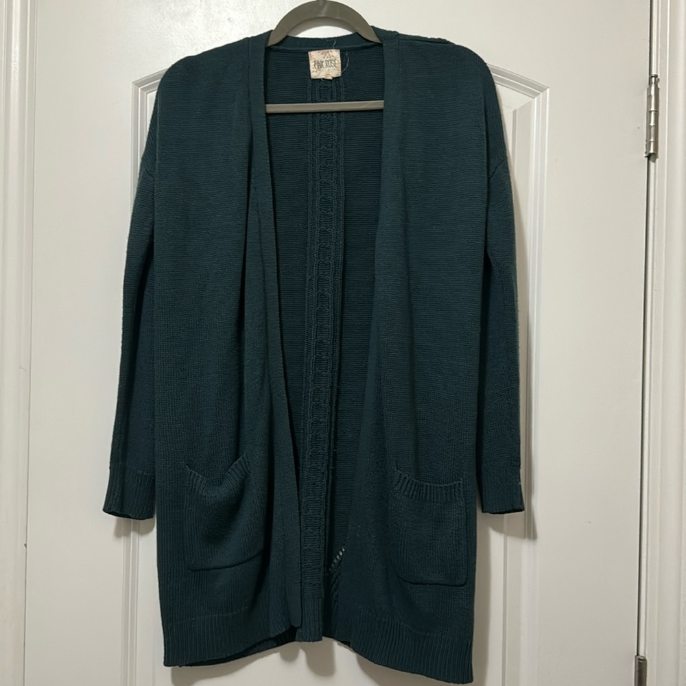 Pink rose teal cardigan, size large
